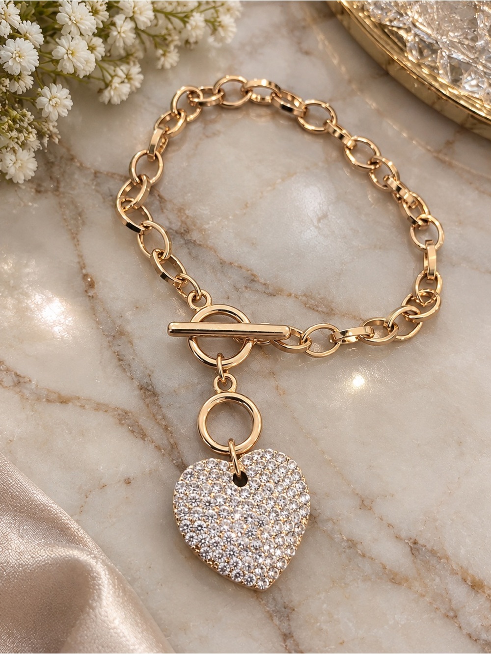 Gold Heart Pavé Toggle Bracelet by